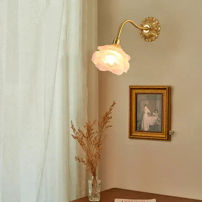 Antique pink rose glass wall lamp bedroom copper arm
