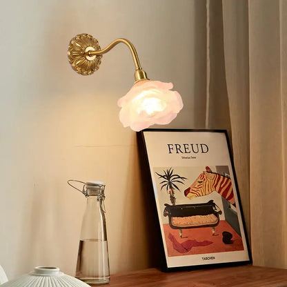 Antique pink rose glass wall lamp bedroom copper arm