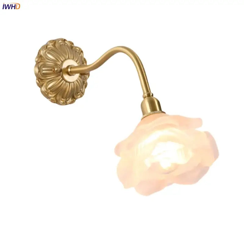Antique pink rose glass wall lamp bedroom copper arm