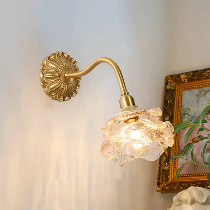 Antique pink rose glass wall lamp bedroom copper arm