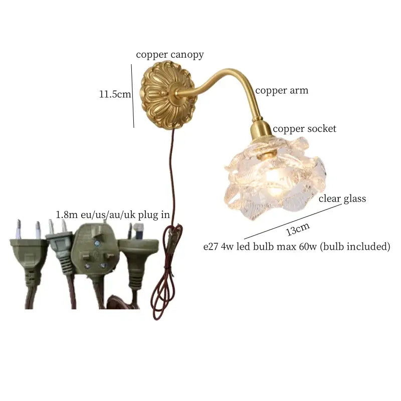 Antique pink rose glass wall lamp bedroom copper arm