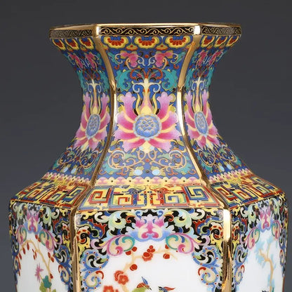 Antique octagonal hand painted porcelain vase living room decor