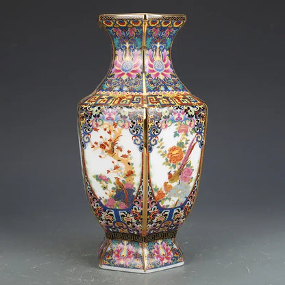 Antique octagonal hand painted porcelain vase living room decor