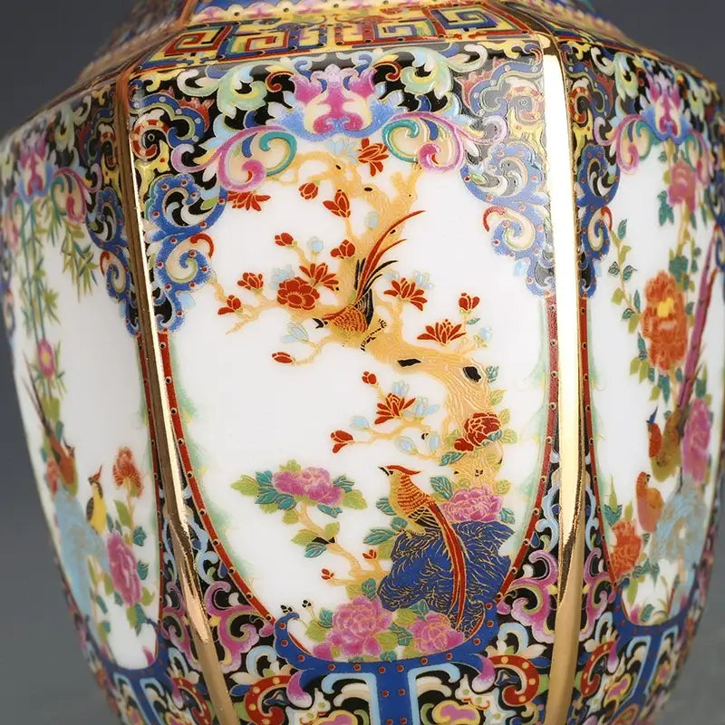 Antique octagonal hand painted porcelain vase living room decor
