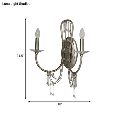 Antique silver crystal wall light sconce bedroom curved arm