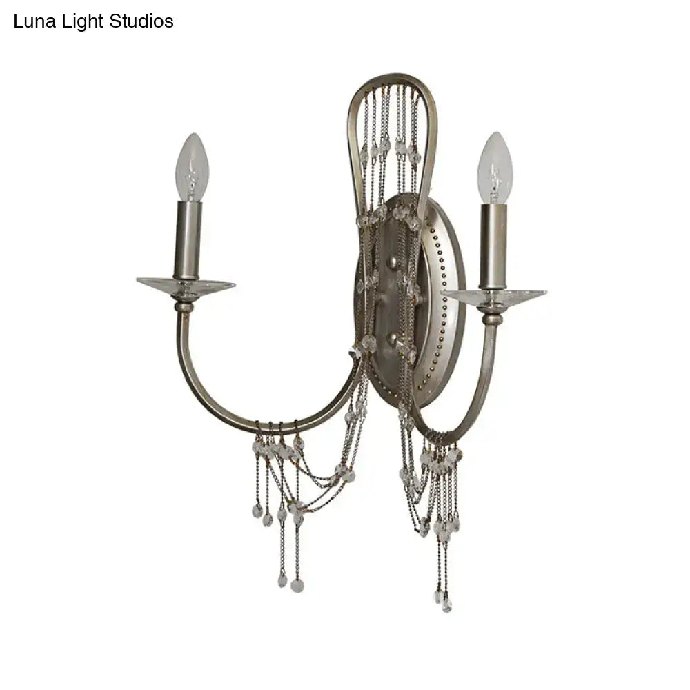 Antique silver crystal wall light sconce bedroom curved arm