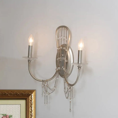 Antique silver crystal wall light sconce bedroom curved arm
