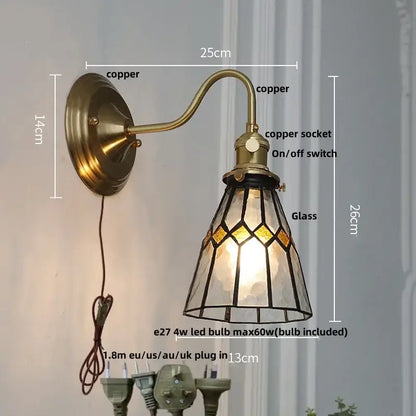 Antique teal glass and brass wall light fixture bedroom sconce