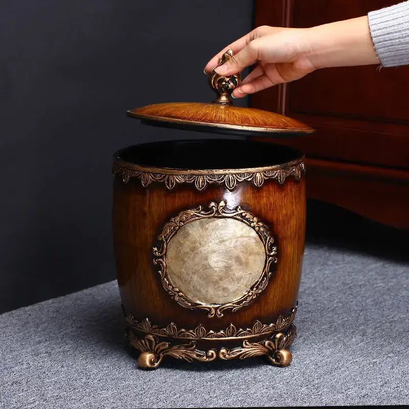 Antique antique wood and gold horse covered trash can living room