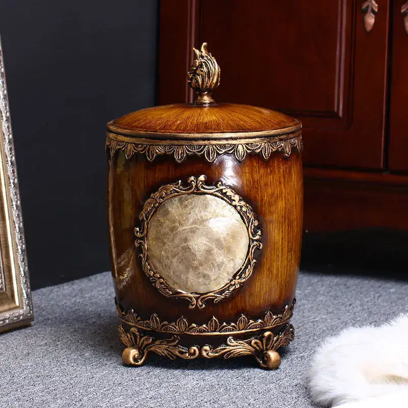 Antique antique wood and gold horse covered trash can living room