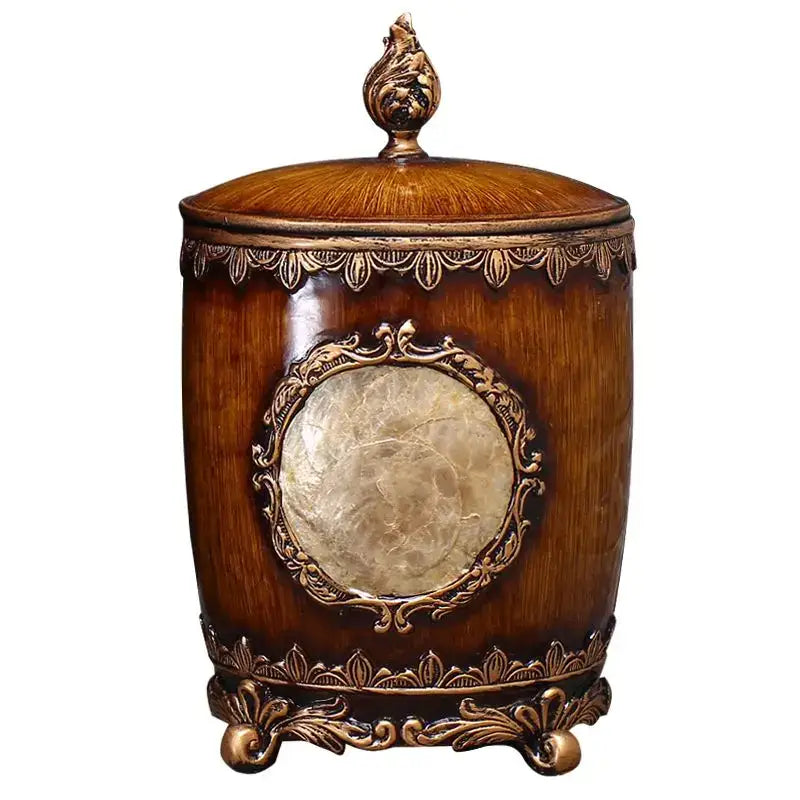 Antique antique wood and gold horse covered trash can living room