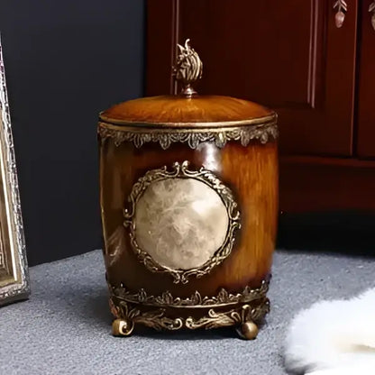 Antique antique wood and gold horse covered trash can living room