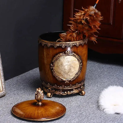 Antique antique wood and gold horse covered trash can living room