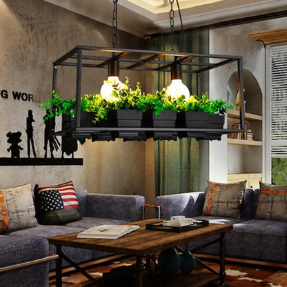 Antiqued metal island lamp with planters for kitchen ceiling light
