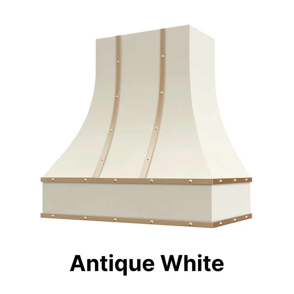 Wood Range Hood With Curved Front, Brass Strapping and Buttons - 30", 36", 42", 48", 54" and 60" Widths Available