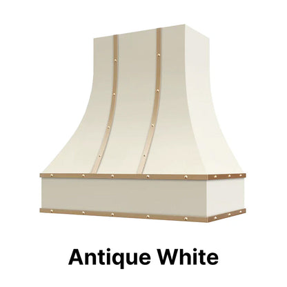 Wood Range Hood With Curved Front, Brass Strapping and Buttons - 30", 36", 42", 48", 54" and 60" Widths Available