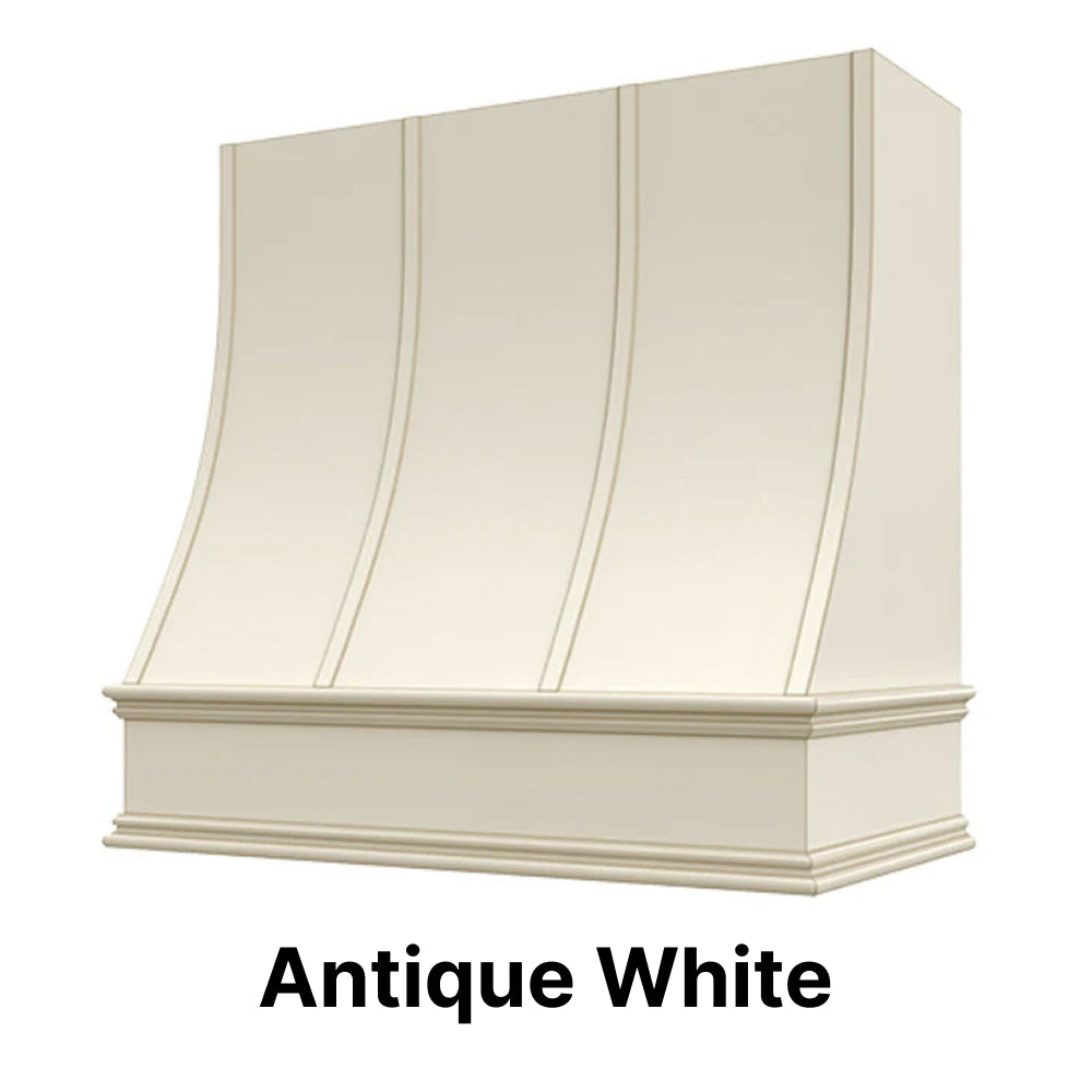 Wood Range Hood With Sloped Strapped Front and Decorative Trim - 30", 36", 42", 48", 54" and 60" Widths Available
