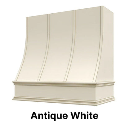 Wood Range Hood With Sloped Strapped Front and Decorative Trim - 30", 36", 42", 48", 54" and 60" Widths Available