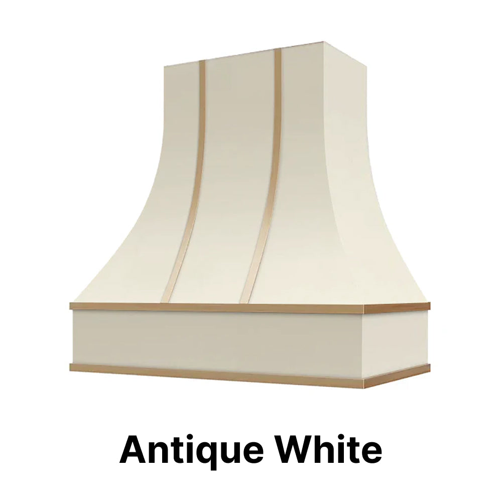 Wood Range Hood With Curved Front and Brass Strapping and Flat Trim - 30" 36" 42" 48" 54" and 60" Widths Available