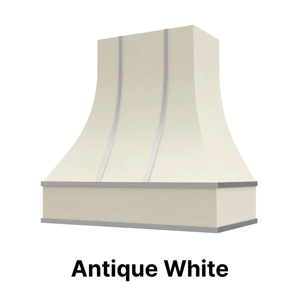 Wood Range Hood With Curved Front, Silver Strapping and Block Trim - 30", 36", 42", 48", 54" and 60" Widths Available