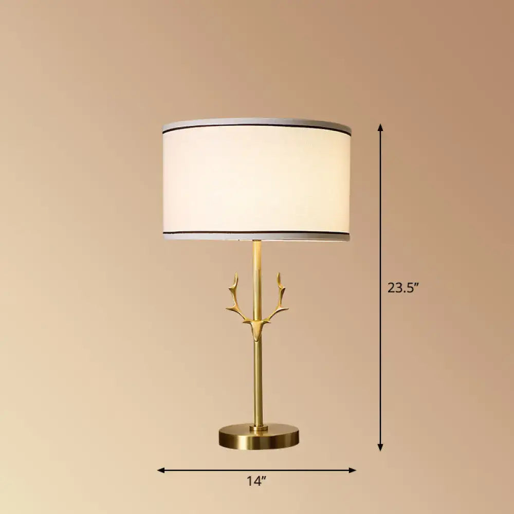 Antler gold fabric drum table lamp bedroom nightstand light