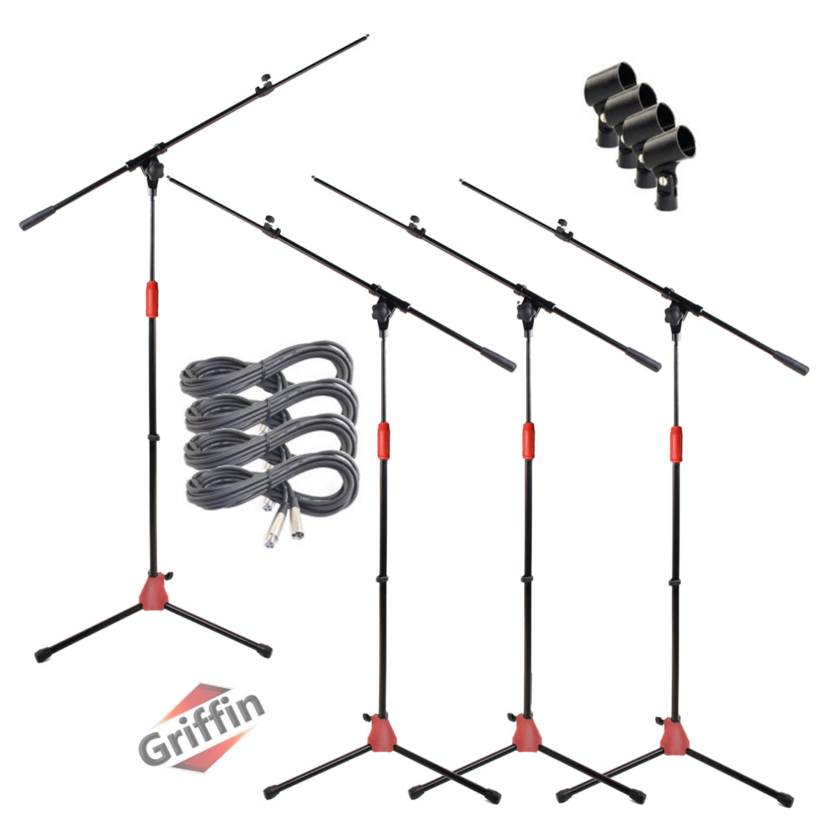 Telescoping Tripod Microphone Boom Stand with XLR Mic Cable & Clip (Pack of 4) by GRIFFIN | Premium Quality for Studio, Karaoke, Recording Studio, Live Performances, Conferences | 20ft Microphone Cord