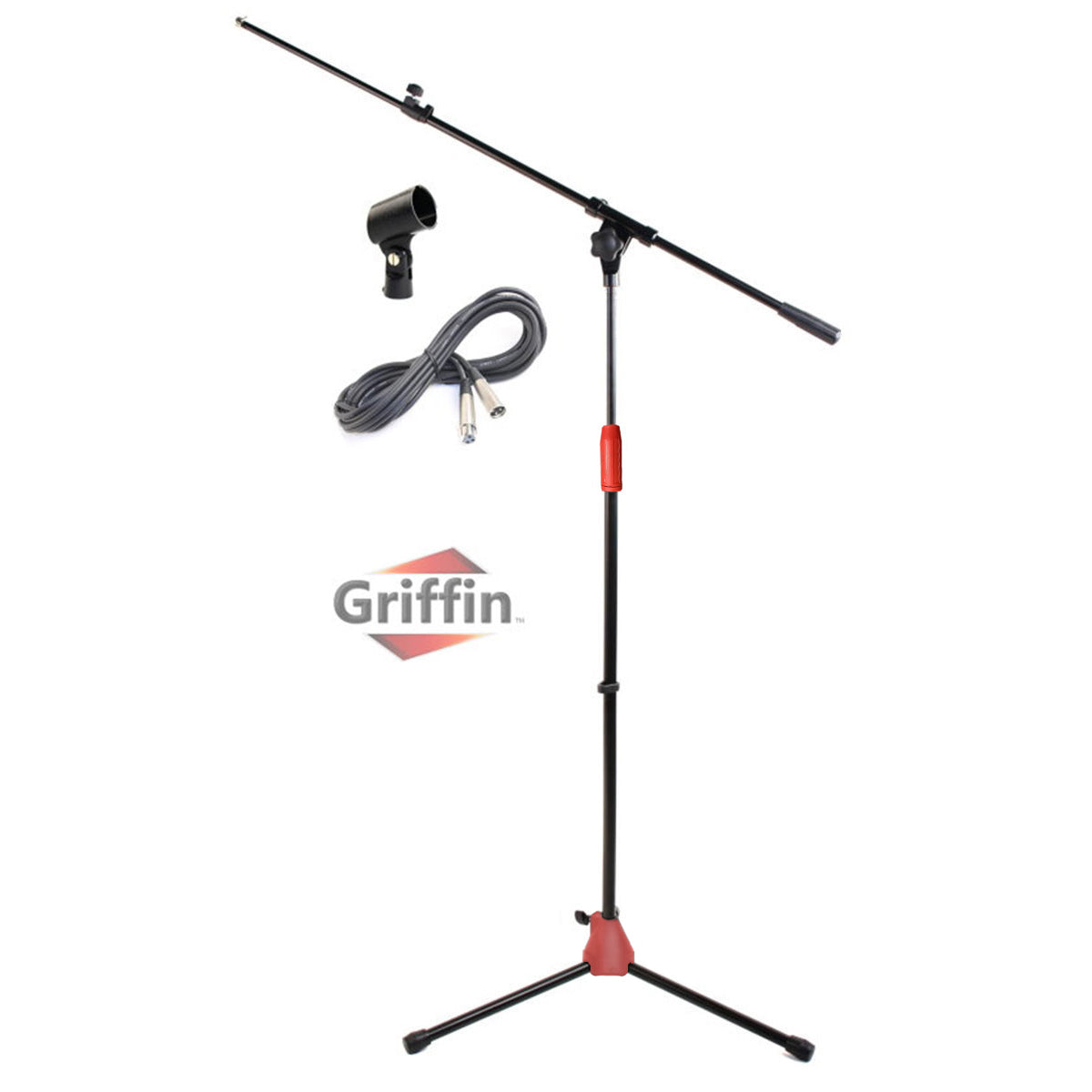 Microphone Stand with Telescoping Boom, XLR Cable and Mic Clip Package by GRIFFIN | Tripod Premium Quality for Studio, Karaoke, Live Performances, Studio, Conferences | 20 ft Pro Audio Mic Cord Patch