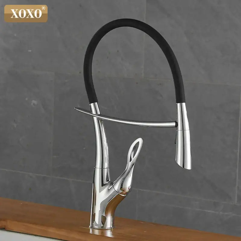 Arched brushed nickel kitchen faucet with black rubberized hose