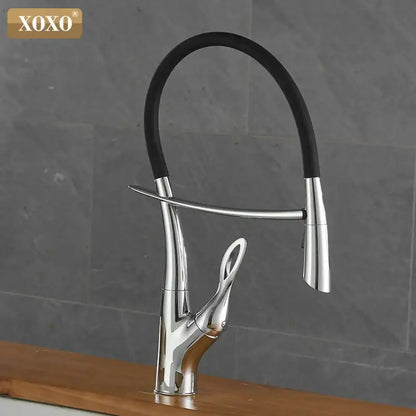 Arched brushed nickel kitchen faucet with black rubberized hose