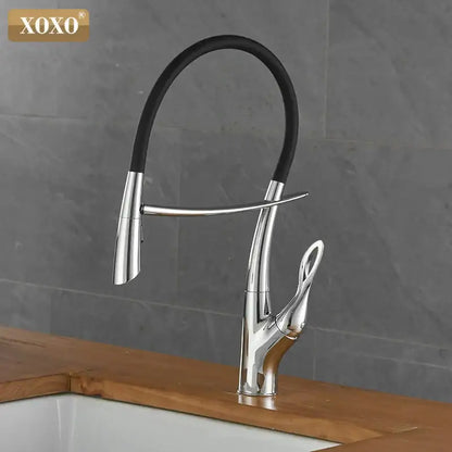 Arched brushed nickel kitchen faucet with black rubberized hose