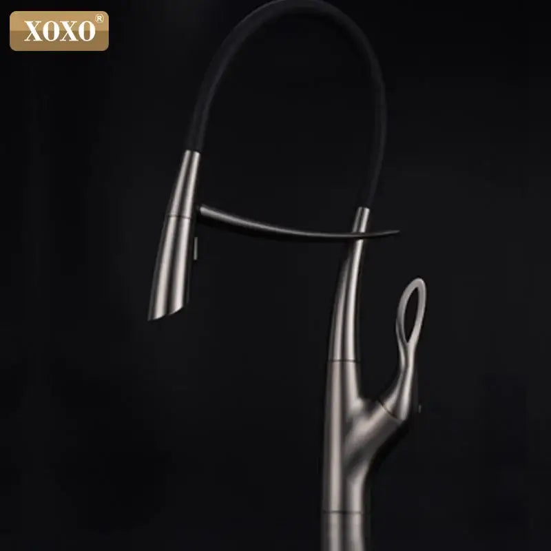 Arched brushed nickel kitchen faucet with black rubberized hose