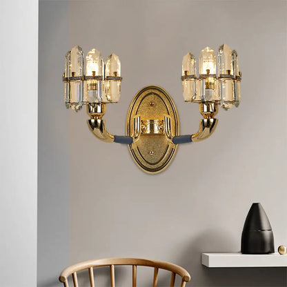DecorBites™ Arched Wall Mount Lamp: Postmodern Crystal Panel Bedside Lighting (Blue/Gold)