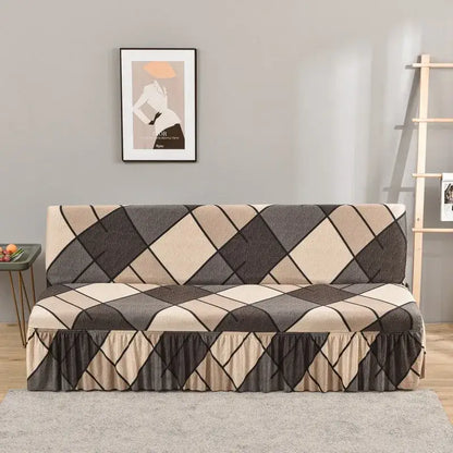 Argyle beige & dark gray elastic armless futon sofa cover living room