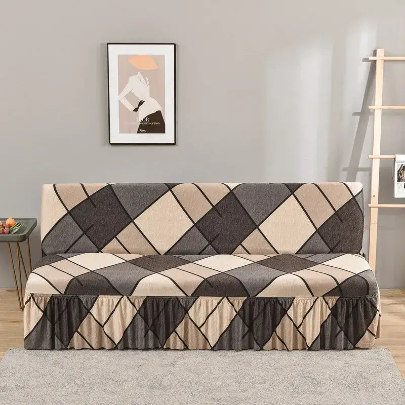 Argyle beige & dark gray elastic armless futon sofa cover living room