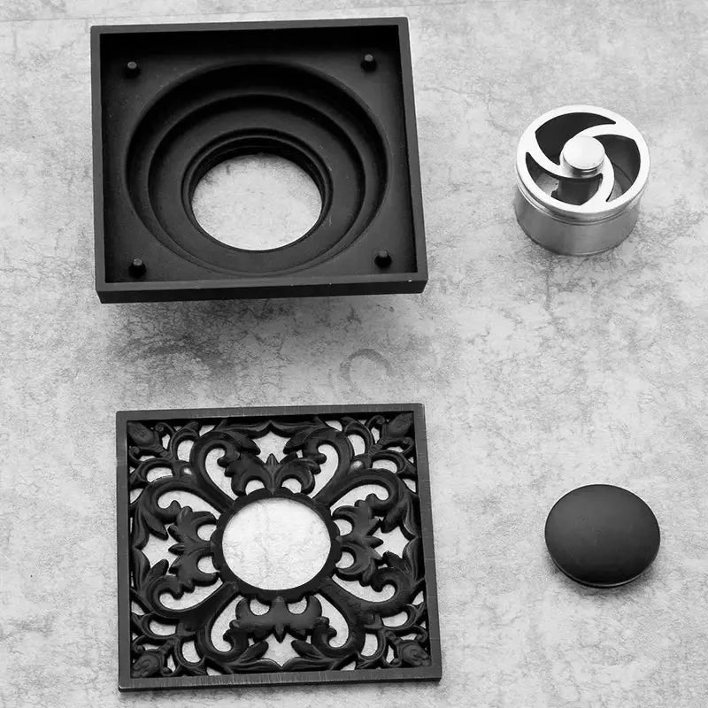 Art carved black brass & gold shower drain cover bathroom grate