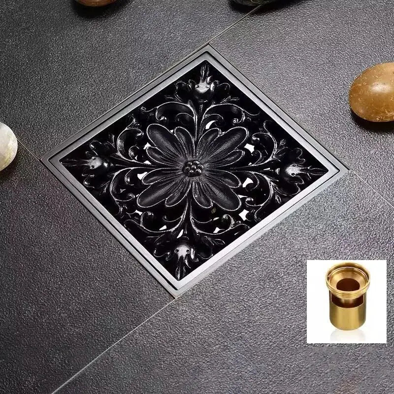 Art carved black brass & gold shower drain cover bathroom grate