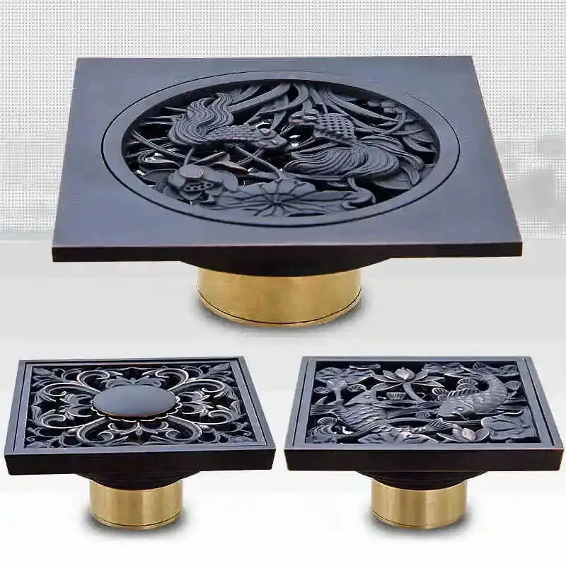 Art carved black brass & gold shower drain cover bathroom grate