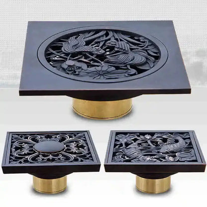 Art carved black brass & gold shower drain cover bathroom grate