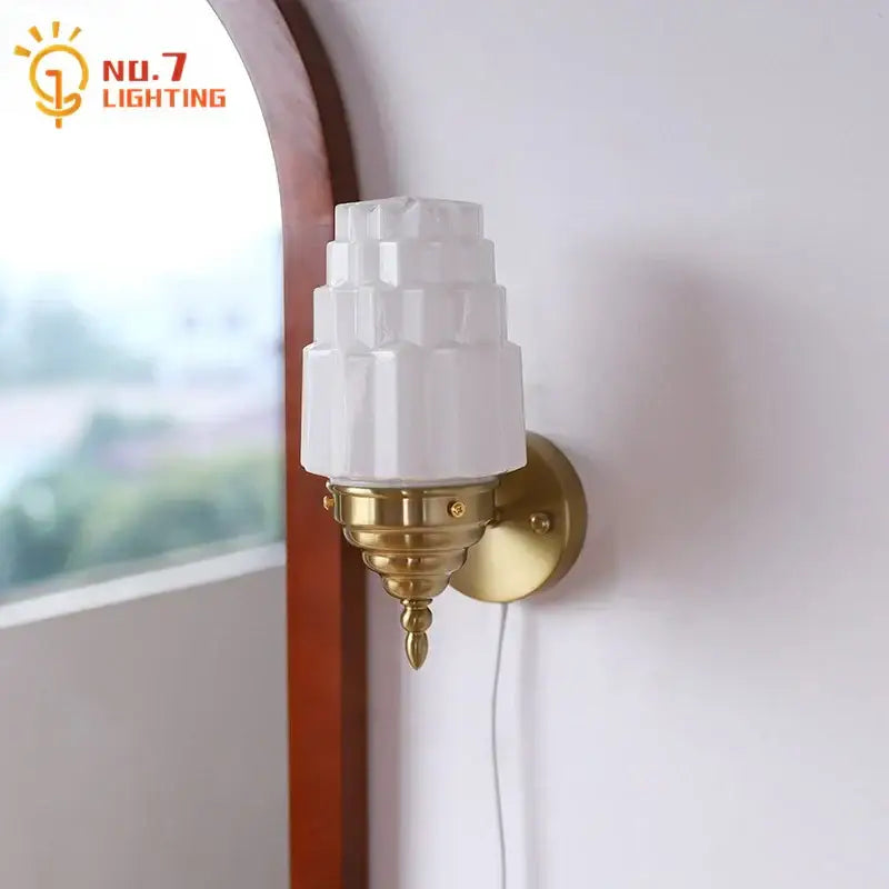 Art deco chrome & gold cream glass led wall lamp bedroom