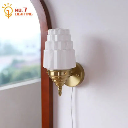 Art deco chrome & gold cream glass led wall lamp bedroom