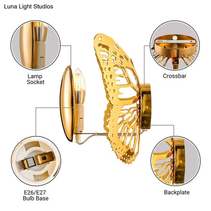 DecorBites™ Art Deco Gold Butterfly Wall Sconce - Single Light Metal Wall Lamp for Kids Room