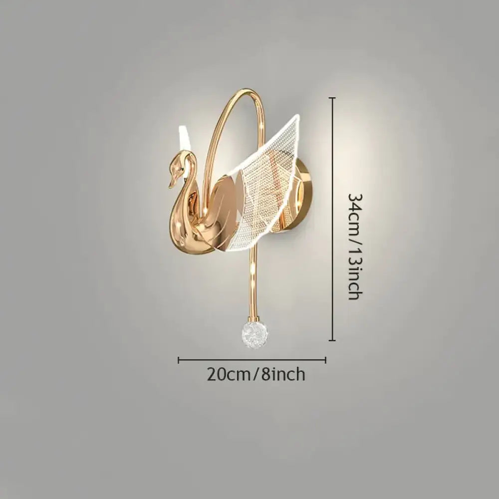 Art deco gold swan wall lamp with crystal for bedroom bedside