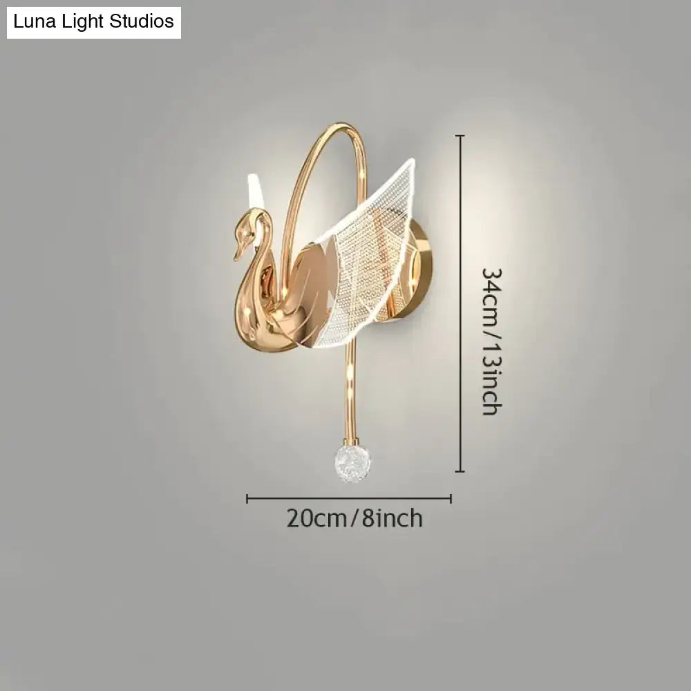 Art deco gold swan wall lamp with crystal for bedroom bedside