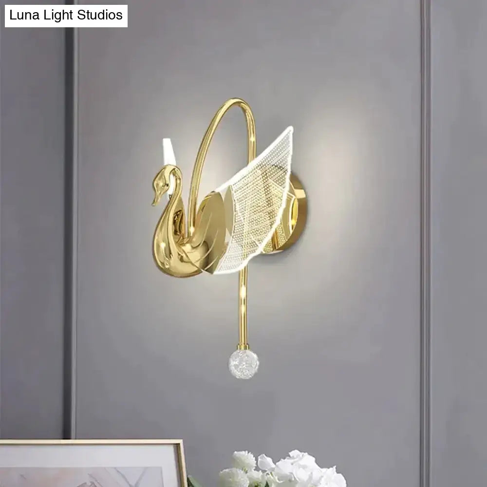 Art deco gold swan wall lamp with crystal for bedroom bedside