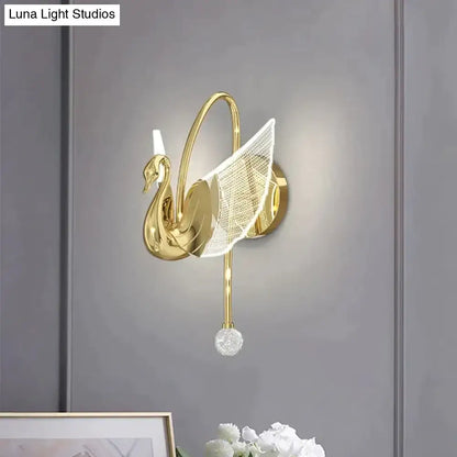 Art deco gold swan wall lamp with crystal for bedroom bedside