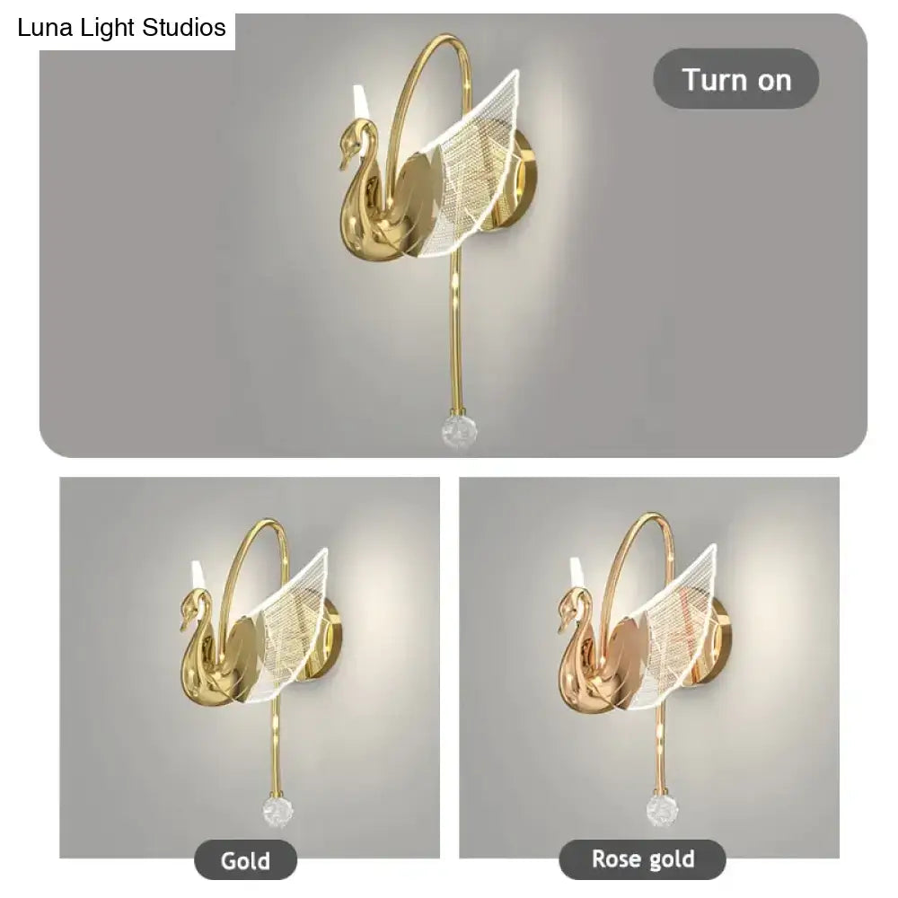 Art deco gold swan wall lamp with crystal for bedroom bedside
