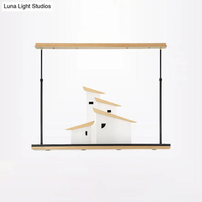 DecorBites™ Art Deco Island Pendant Ceiling Light, LED Metal Fixture in White with Wood Bracket - Warm/White Light