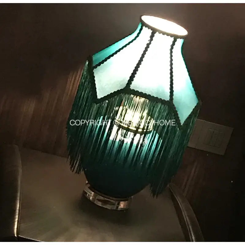 Art deco malachite green & teal velvet lampshade bedroom decor