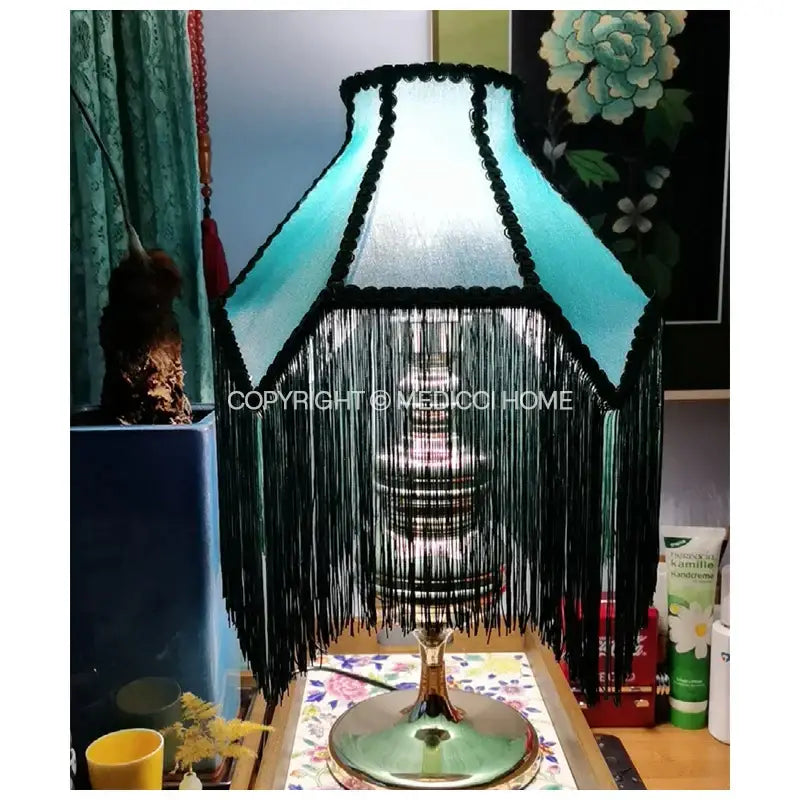 Art deco malachite green & teal velvet lampshade bedroom decor