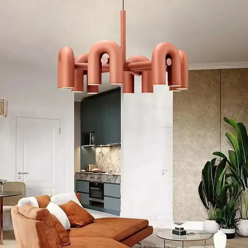 Art deco metal industrial chandelier – black & orange dining room light